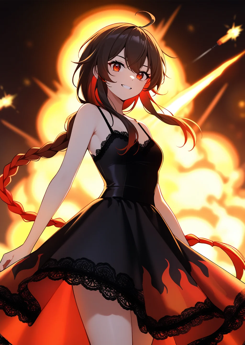 yuezheng ling,1girl,masterpiece,high quality,best quality,beautiful,beautiful detailed glow,((flames of war)),(((nuclear explosion behide))),lace-trimmed_dress,cowboy_shot,
