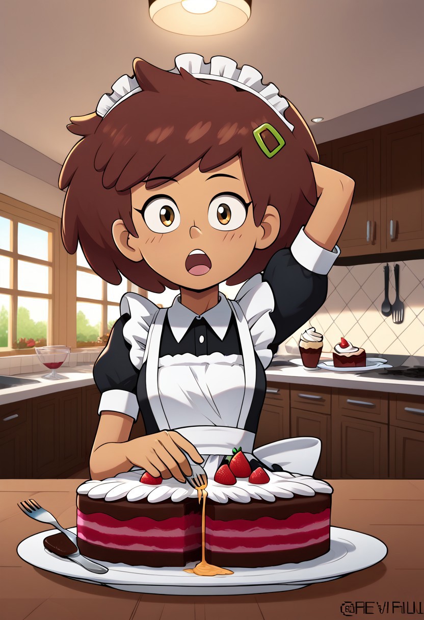 Reviruu, CHANNEBOONCHUY,
wearing maid uniform, maid headdress, feeding, food, open mouth, incoming food, looking at viewer, holding fork, cake, one hand behind head, indoors, in a kitchen, dynamic angle