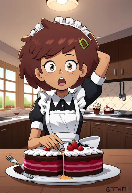 Reviruu, CHANNEBOONCHUY,
wearing maid uniform, maid headdress, feeding, food, open mouth, incoming food, looking at viewer, holding fork, cake, one hand behind head, indoors, in a kitchen, dynamic angle
