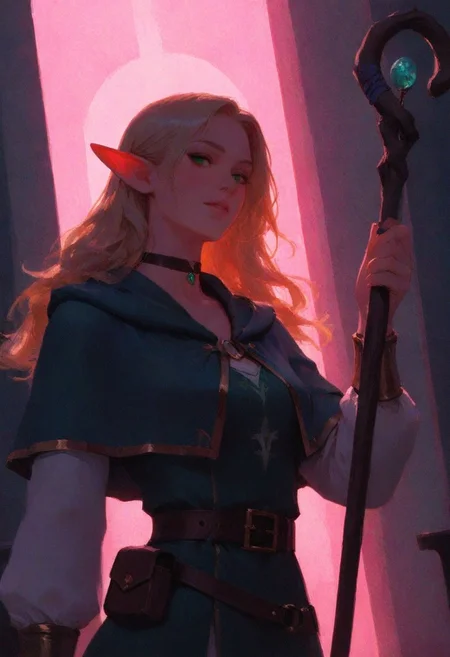 volumetric lighting, ambient occlusion, luminescent background, masterpiece, best quality, absurdres,masterpiece, best quality, very awa, absurdres,,mage
BREAK
dynamic pose,dynamic angle,upper body focus, close-up, cinematic angle, looking at viewer
BREAK
1girl,elf,blonde hair,long hair, pointy ears, green eyes, choker,capelet, dress,belt,pouch,staff,holding staff,