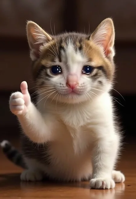 realistic photo of crying cat giving a thumbs up, shallow depth of field, incredibly detailed, hyperrealistic digital photo
