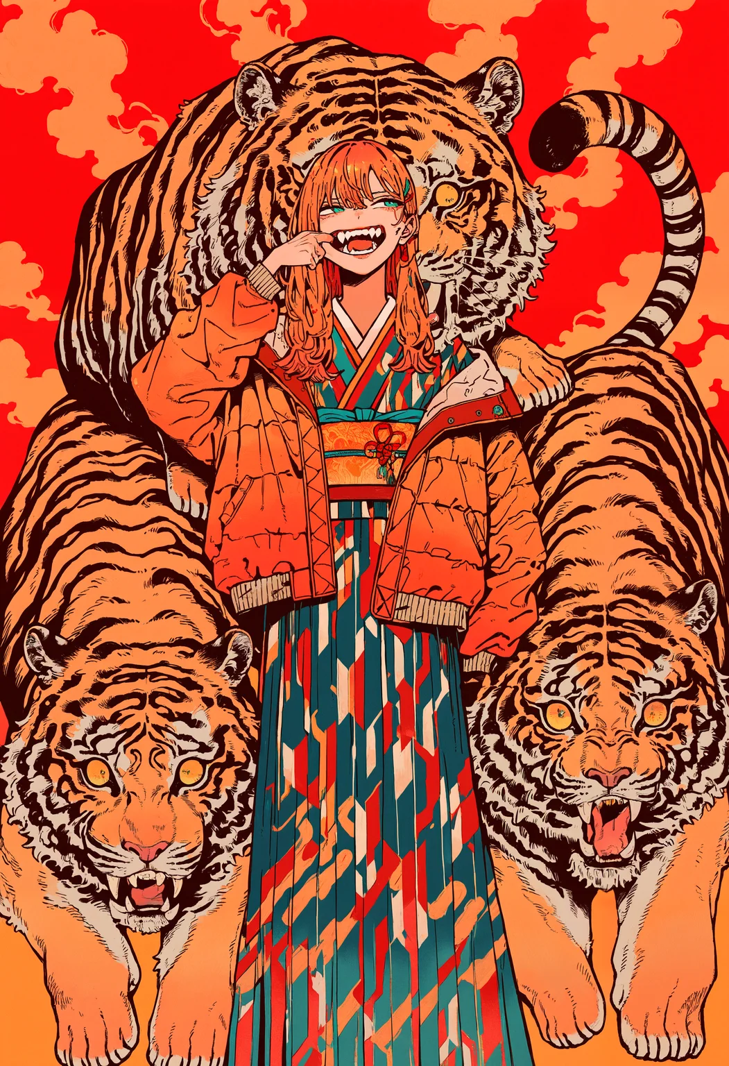 masterpiece, absurdres, newest, very awa, kou \(tamagosan1001\), 1girl, ginger hair, cloud kimono, long dress, orange jacket, tiger, chinese new year, year of the tiger, two-tone background, red background, orange background, mouth pull, straight-on, looking afar, <lora:spo_sdxl_10ep_4k-data_lora_webui>, <lora:TA_trained:0.35>, <lora:NOOB_EPSv1_1_detailer_by_vlnvk_v0_5>, <lora:kou_tamagosan1001_NAI:0.8>