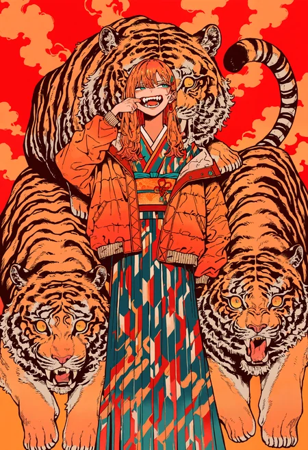 masterpiece, absurdres, newest, very awa, kou \(tamagosan1001\), 1girl, ginger hair, cloud kimono, long dress, orange jacket, tiger, chinese new year, year of the tiger, two-tone background, red background, orange background, mouth pull, straight-on, looking afar, <lora:spo_sdxl_10ep_4k-data_lora_webui>, <lora:TA_trained:0.35>, <lora:NOOB_EPSv1_1_detailer_by_vlnvk_v0_5>, <lora:kou_tamagosan1001_NAI:0.8>