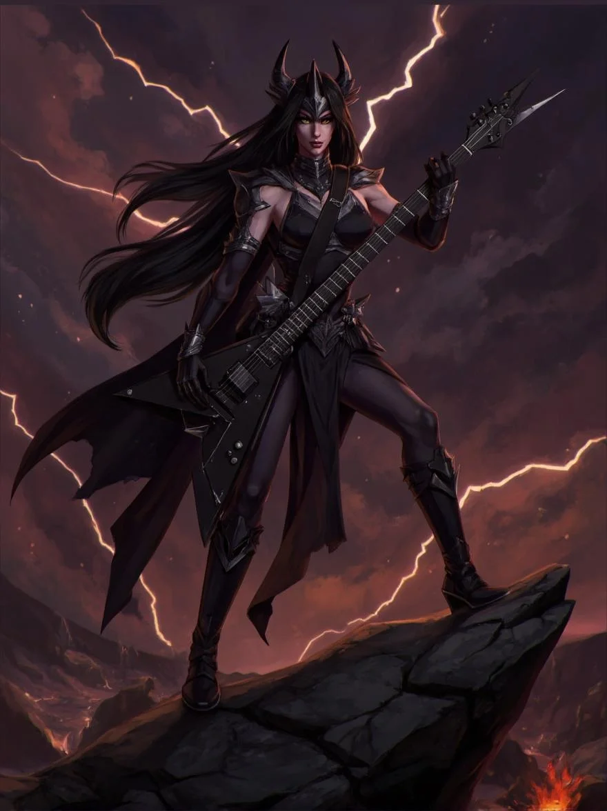 <lora:ck-LttleGhost-000011.safetensors:1> in the style of ck-lttlegh0stA dark, armored female figure stands powerfully on a craggy rock, her fitted attire accentuating her physique. A menacing headdress frames her face, with sharp protrusions adding regal ferocity. She wears long black hair that blends with the darkness and ominous atmosphere, grasping an angular guitar as if a weapon. The background is a stormy sky with lightning strikes, creating a dramatic contrast of dark and fiery colors. The digital artwork masterfully combines fantasy and metal music themes, exuding power and intensity.