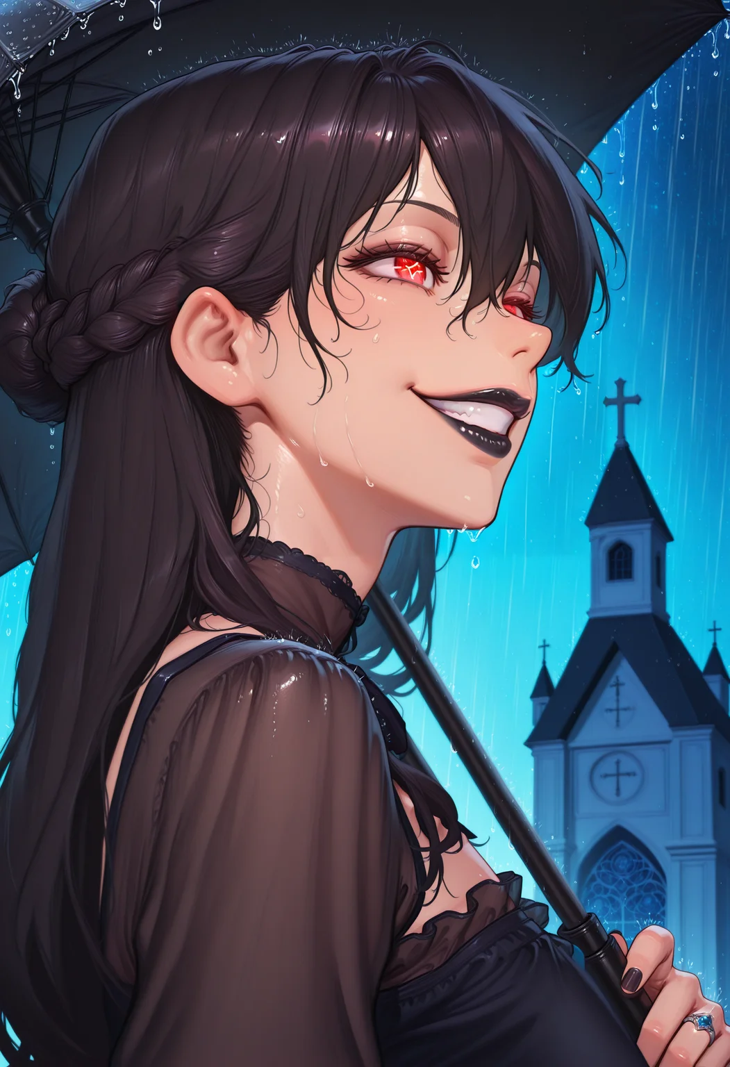 <lora:mix5:1>,masterpiece, absurdres, highres,amazing quality, best quality, extremely detailed, 8k,1girl,braided bun, cimetery, church, dynamic pose,black hair,blurry,close-up,cross-shaped pupils,hair between eyes,long hair,looking ahead, gesugao, evil smile,parted lips,ring,solo,symbol-shaped pupils,thread,upper body,vignetting,red eyes, black lipstick, depth of field, perspective, blurry background, rain, wet, from side, from below, black dress, black umbrella, glowing eyes, eyes trail, night, stars