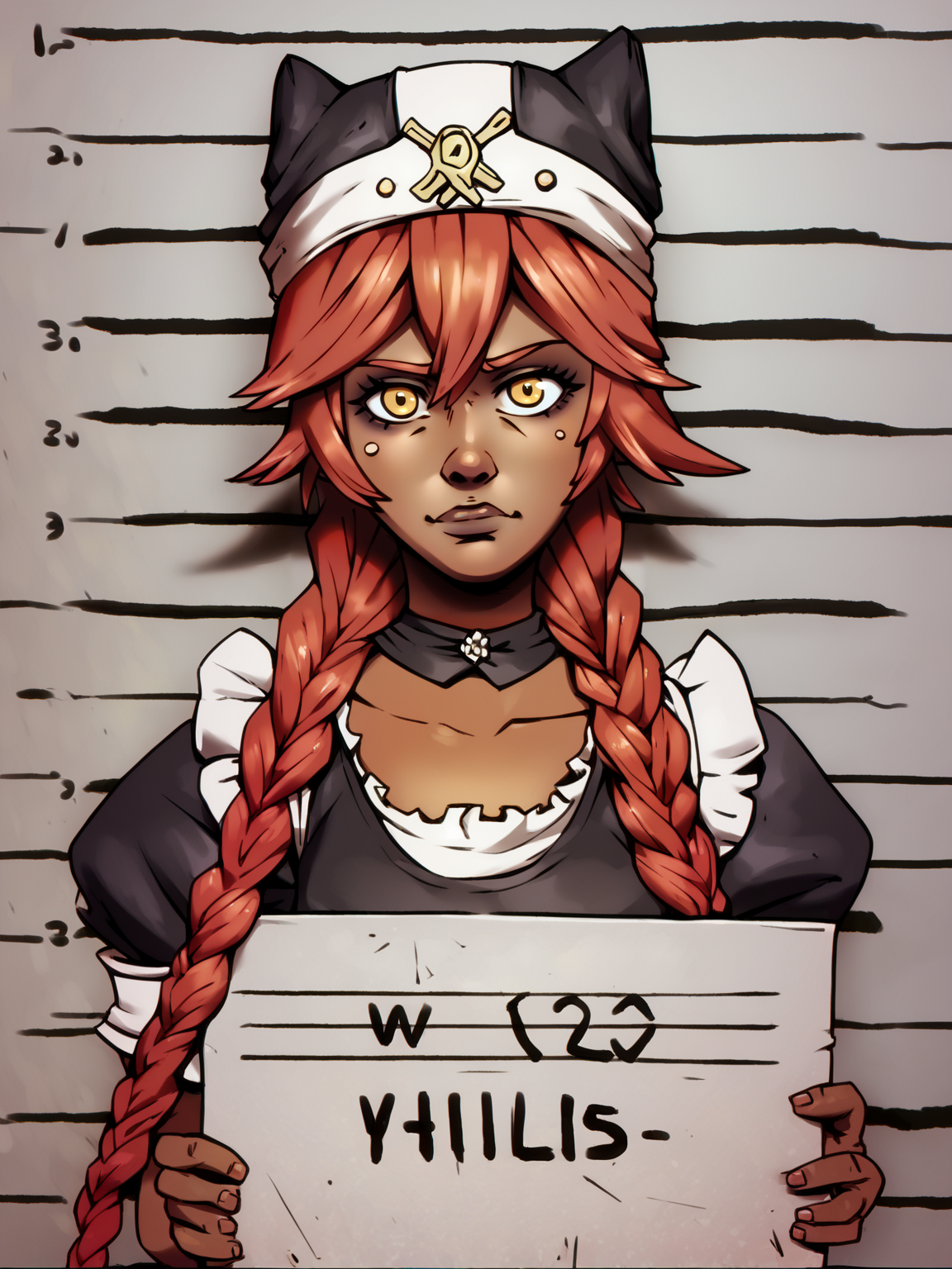score_9, score_8_up, score_7_up, score_6_up, score_5_up, score_4_up, BREAK, bdlds, source_anime, 1girl,  lupusregina, red hair, long hair, twin braids, yellow eyes, dark skin, choker, dress, hat, maid, mugshot, holding sign, looking at viewer  <lora:LupusReginaXL:0.6> <lora:BorderlandsXL:1>