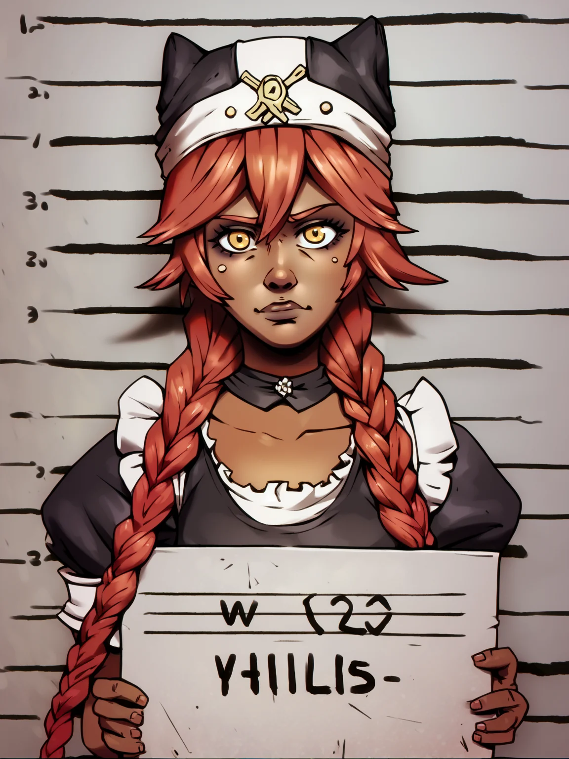 score_9, score_8_up, score_7_up, score_6_up, score_5_up, score_4_up, BREAK, bdlds, source_anime, 1girl, lupusregina, red hair, long hair, twin braids, yellow eyes, dark skin, choker, dress, hat, maid, mugshot, holding sign, looking at viewer <lora:LupusReginaXL:0.6> <lora:BorderlandsXL:1>