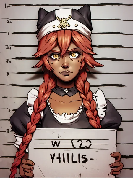 score_9, score_8_up, score_7_up, score_6_up, score_5_up, score_4_up, BREAK, bdlds, source_anime, 1girl, lupusregina, red hair, long hair, twin braids, yellow eyes, dark skin, choker, dress, hat, maid, mugshot, holding sign, looking at viewer <lora:LupusReginaXL:0.6> <lora:BorderlandsXL:1>