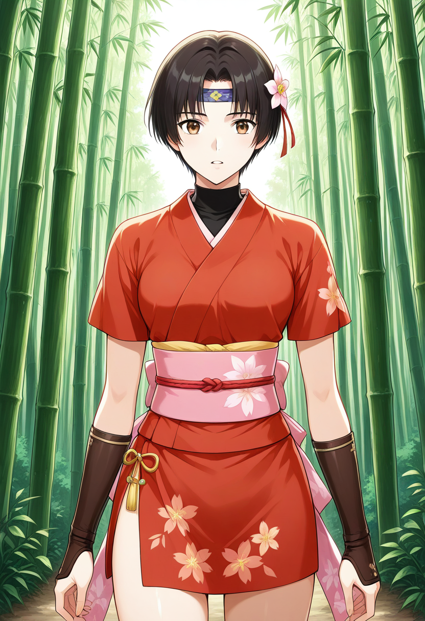 1girl, solo, linroninsoul, black hair, short hair, parted bangs, hair flower, headband, brown eyes, short kimono, short sleeves, floral print, shirt, turtleneck, obi, sash, kote, japanese clothes, outdoors, bamboo forest, standing, cowboy shot, parted lips,