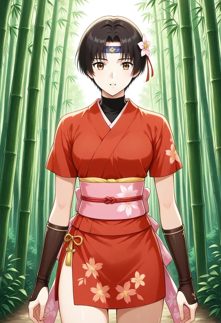 1girl, solo, linroninsoul, black hair, short hair, parted bangs, hair flower, headband, brown eyes, short kimono, short sleeves, floral print, shirt, turtleneck, obi, sash, kote, japanese clothes, outdoors, bamboo forest, standing, cowboy shot, parted lips,