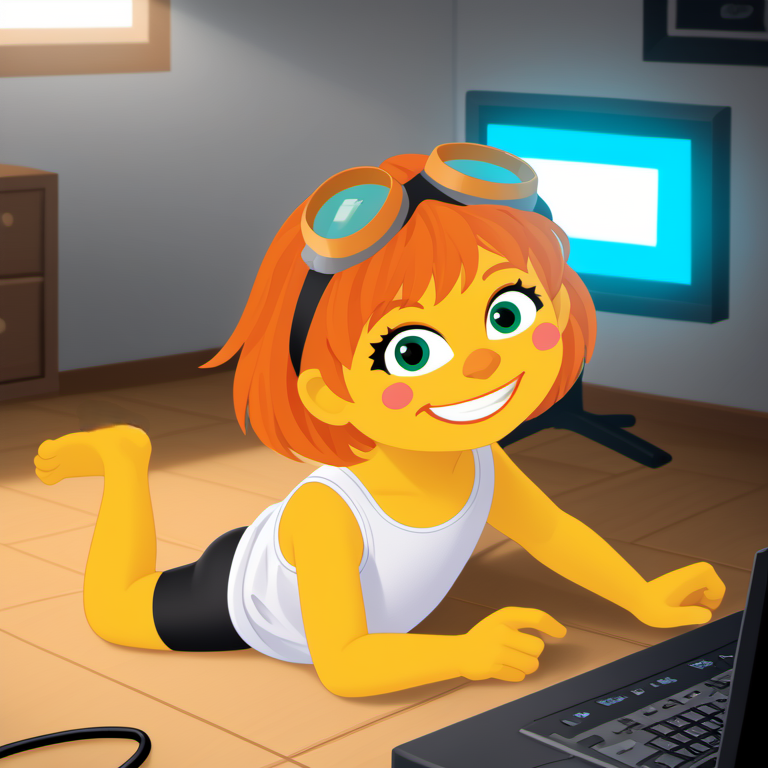 1girl, solo, julss1, yellow skin, colored skin, green eyes, orange hair, short hair, child, <lora:julss1-000006:1>, looking at viewer, blush stickers, white loose shirt, tank top, goggles, stomach, black bike shorts, big grin smile, legs folded, typing, computer, on floor, glowing light, masterpiece, goggles on head, big smile, ^_^, atmospheric lighting,