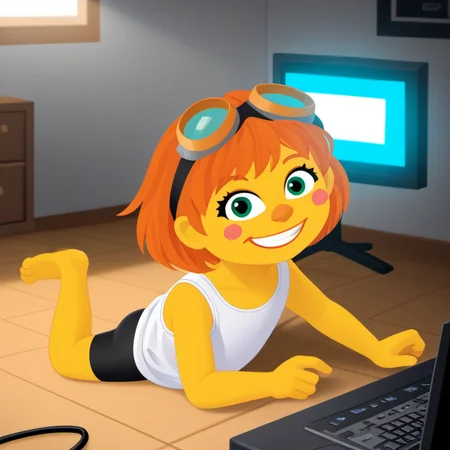 1girl, solo, julss1, yellow skin, colored skin, green eyes, orange hair, short hair, child, <lora:julss1-000006:1>, looking at viewer, blush stickers, white loose shirt, tank top, goggles, stomach, black bike shorts, big grin smile, legs folded, typing, computer, on floor, glowing light, masterpiece, goggles on head, big smile, ^_^, atmospheric lighting,