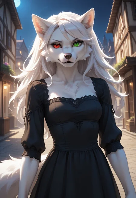 score_9, score_8_up, score_7_up, realistic style, symphtia-style, textured fur, (1girl, (wolf girl, vampire, furry female wolf, furry female), (white hair, sideswept bangs, white fur)), ((heterochromia, right red eye, left green eye)), (black dress), serious, (town, night), fine details, clothing textures, depth of field, dim lighting, high quality, thick outlines,