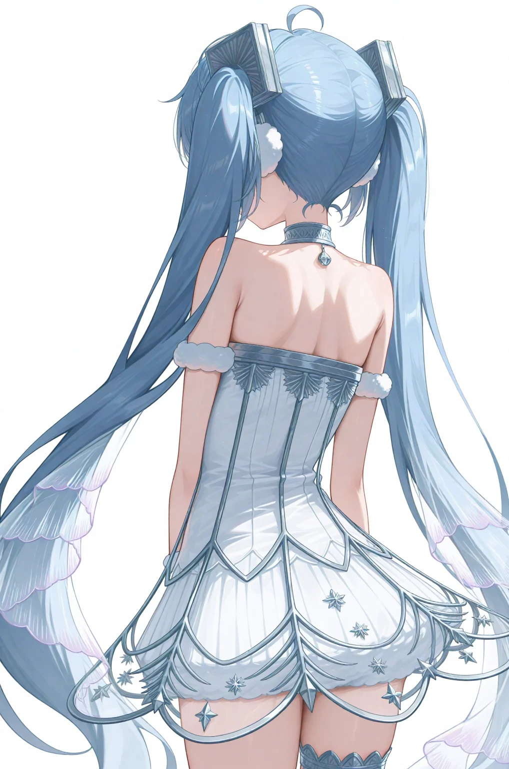<lora:NoobV065sHyperDmd:1> <lora:SekkaChikuonki-000021:1>white background, sekkachikuonki, blue twintails, back