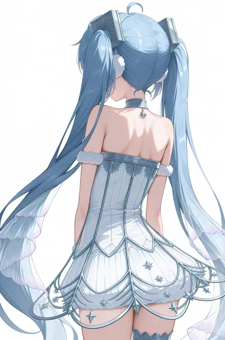 <lora:NoobV065sHyperDmd:1> <lora:SekkaChikuonki-000021:1>white background, sekkachikuonki, blue twintails, back