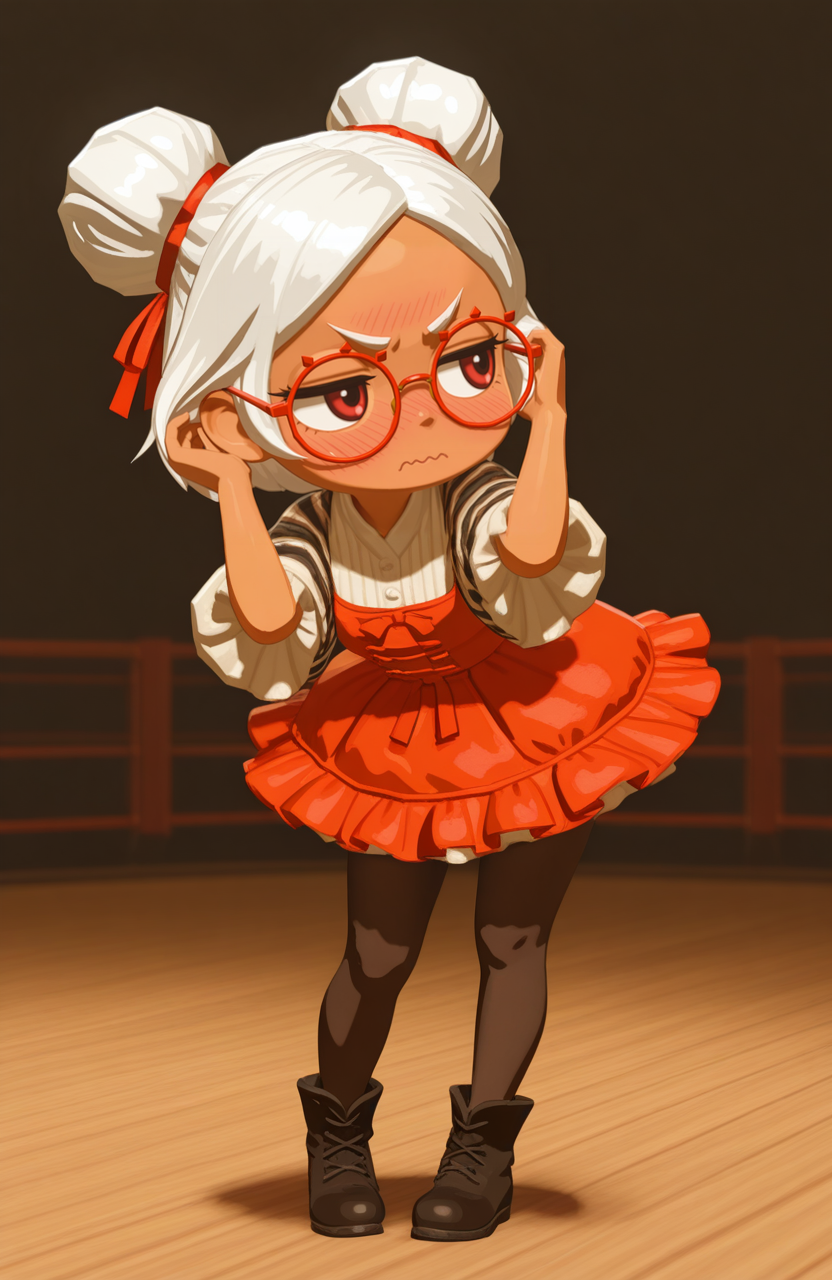 <lora:anatomy_helper:0.8> 1girl, solo, full body, amphitheater, v-shaped eyebrows,  wavy mouth,  nose blush,  averting eyes,, solo, adjusting hair, standing, contrapposto,  hair behind ear, leaning forward, close_up, hand on own hair,, 3d,
<lora:LilPurah-IL:0.8> prhmini, red eyes, red-framed eyewear, red-framed eyewear, dark-skinned female, white hair, double bun, chibi, vintage countryside outfit, ruffled dress, pantyhose, shawl, ankle boots, hair ribbon, extremely detailed, highres, masterpiece, best quality