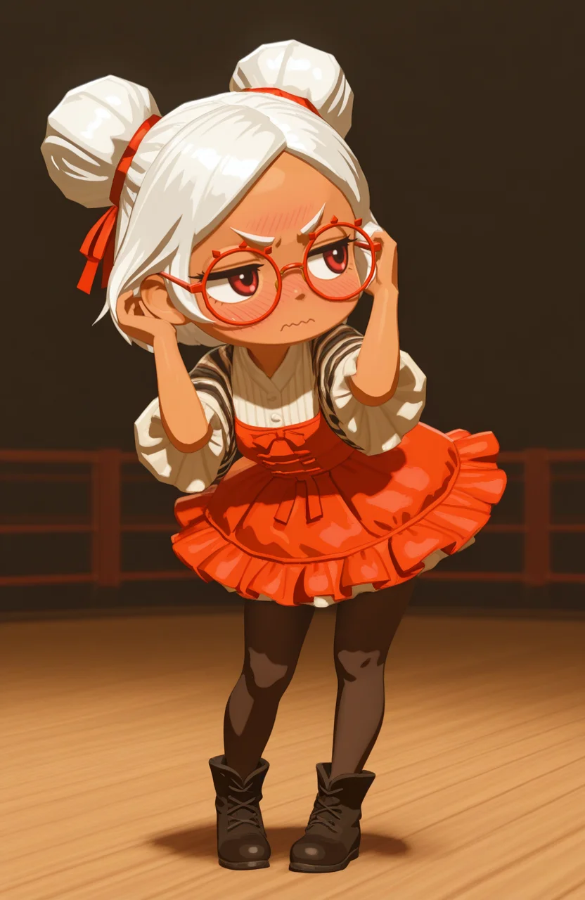 <lora:anatomy_helper:0.8> 1girl, solo, full body, amphitheater, v-shaped eyebrows, wavy mouth, nose blush, averting eyes,, solo, adjusting hair, standing, contrapposto, hair behind ear, leaning forward, close_up, hand on own hair,, 3d,
<lora:LilPurah-IL:0.8> prhmini, red eyes, red-framed eyewear, red-framed eyewear, dark-skinned female, white hair, double bun, chibi, vintage countryside outfit, ruffled dress, pantyhose, shawl, ankle boots, hair ribbon, extremely detailed, highres, masterpiece, best quality