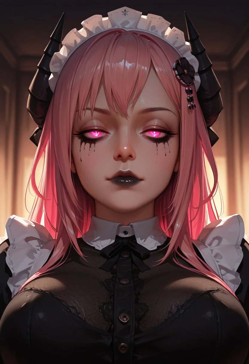 very detailed, flat color, no lineart, Vibrant Contrast, gradient colors, particle effect, (fine fabric emphasis:1.2), (((masterpiece, amazing quality, best quality, ultra-detailed, 8K, illustration, amazing quality, newest, absurdres, realistic))), highres, very aesthetic, absurd res, hi res, very awa, dynamic angle, refined, volumetric lighting, cinematic lighting, blurry background, close up vivid colors, ((source_realistic:1.6)), hyper detailed, (dynamic pose:1.4), depth of field, photorealistic colors,
1girl, demon horns, horns, solo, long hair, pink hair, pink eyes, hair ornament, large breasts,
solo, maid, breasts, portrait, straight-on, staring, half-closed eyes, looking at viewer, closed mouth, gloom \(expression\), smoking, depressed theme, dark theme, glowing eyes, bags under eyes, maid headdress, white headdress, black lips, runny makeup, nose, stylized