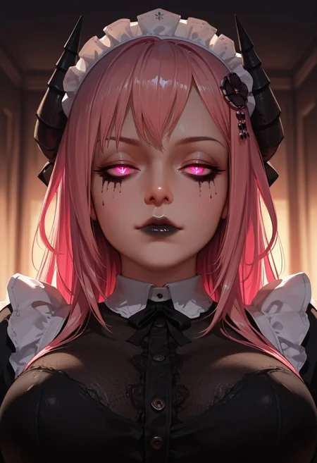 very detailed, flat color, no lineart, Vibrant Contrast, gradient colors, particle effect, (fine fabric emphasis:1.2), (((masterpiece, amazing quality, best quality, ultra-detailed, 8K, illustration, amazing quality, newest, absurdres, realistic))), highres, very aesthetic, absurd res, hi res, very awa, dynamic angle, refined, volumetric lighting, cinematic lighting, blurry background, close up vivid colors, ((source_realistic:1.6)), hyper detailed, (dynamic pose:1.4), depth of field, photorealistic colors,
1girl, demon horns, horns, solo, long hair, pink hair, pink eyes, hair ornament, large breasts,
solo, maid, breasts, portrait, straight-on, staring, half-closed eyes, looking at viewer, closed mouth, gloom \(expression\), smoking, depressed theme, dark theme, glowing eyes, bags under eyes, maid headdress, white headdress, black lips, runny makeup, nose, stylized