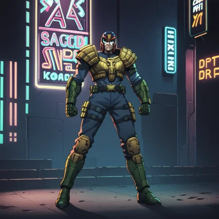 score_9,score_8_up,score_7_up,score_6_up,score_5_up,score_4_up,source_anime BREAK judge dredd,armor,helmet,scowling,black visor,full body shot,<lora:Judge_Dredd_Comic_Style_v2_Pony_SDXL:0.8>,cover art,cyberpunk city,dark city,neon lights,