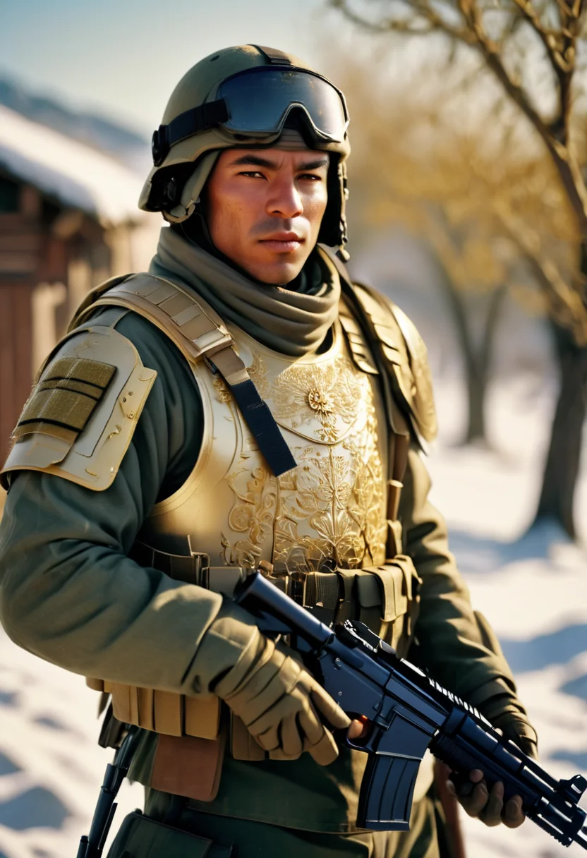 RAW Photograph, elite soldier, mercenary, mstltmrc, winter landscape, intricate details, natural lighting, masterpiece, highly detailed, 35mm photograph, kodachrome, sharp focus