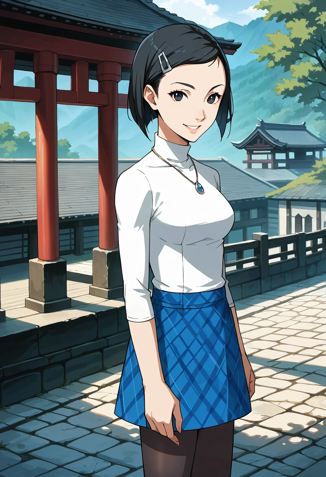 score_9, score_8_up, score_7_up, score_6_up, score_5_up, score_4_up, source_anime
(masterwork, masterpiece, best quality, hyper-detailed :1.3),
1 girl, solo,
p4yumi, short hair, black hair, hairclip, hair ornament, black eyes,
p4yumi-casual, skirt, pantyhose, blue skirt, plaid skirt, pencil skirt, jewelry, necklace, turtleneck, white turtleneck
japanese shrine, temple, torii gate, looking at viewer, standing, cowboy shot, smile,