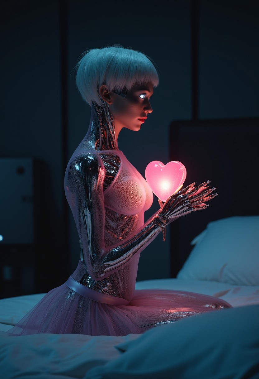 a realistic female (robot with transparent pale pink skin panels and chromed internal endoskeleton), short white hair and (glowing cyber eyes), sad look in her face BREAK
kneeling on a bed looking at an (electronic heart shaped device on her hands) with wires connected to her chest, wearing a (ballerina tutu skirt and bodysuit) BREAK
in a cyberpunk dark bedroom at night BREAK
american shot, photo realistic, 24mm, dolly zoom, dutch angle, cinematic look, lens flare, (dim lights), soft focus, intrincate details, romantic scene