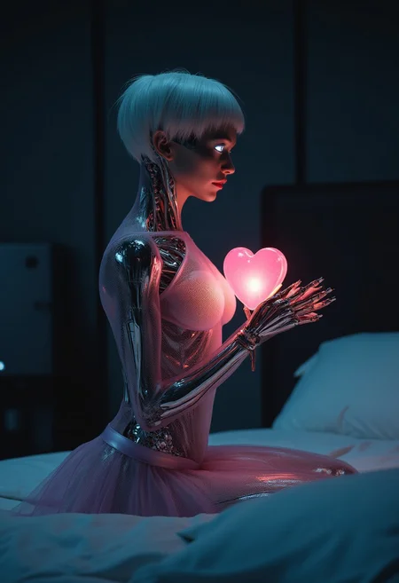 a realistic female (robot with transparent pale pink skin panels and chromed internal endoskeleton), short white hair and (glowing cyber eyes), sad look in her face BREAK
kneeling on a bed looking at an (electronic heart shaped device on her hands) with wires connected to her chest, wearing a (ballerina tutu skirt and bodysuit) BREAK
in a cyberpunk dark bedroom at night BREAK
american shot, photo realistic, 24mm, dolly zoom, dutch angle, cinematic look, lens flare, (dim lights), soft focus, intrincate details, romantic scene