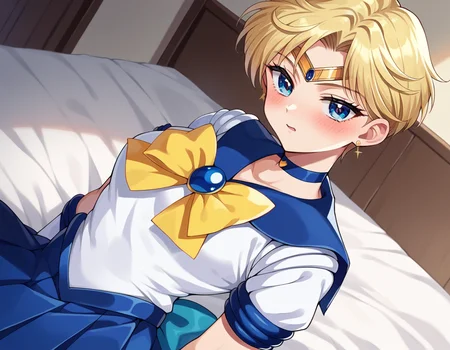 score_9, score_8_up, score_7_up, source_anime,
sailoruranus, <lora:sailor-uranus-ponyxl-lora-nochekaiser:1>
sailor uranus, blonde hair, blue eyes, parted bangs, short hair, very short hair,
back bow, blue bow, blue choker, blue gemstone, blue sailor collar, blue skirt, bow, bowtie, choker, circlet, earrings, elbow gloves, gem, gloves, jewelry, miniskirt, pleated skirt, sailor collar, shirt, short sleeves, skirt, white gloves, white shirt, yellow bow, yellow bowtie,
indoors, bed, bed room, on side, blush, drunk,
looking at viewer, cowboy shot, dutch angle,