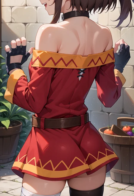 score_9, score_7_up, source_anime, BREAK <lora:AEMegumin-000009:1> AEMegumindef, Brown hair, Belt choker, red dress, off-shoulder dress, Black gloves, fingerless gloves, Belt, mismatched legwear, asymmetrical legwear, bandaged leg, black thighhighs, knee boots, smile, open mouth, from behind, ass, pantyshot, head out of frame, twisted torso,