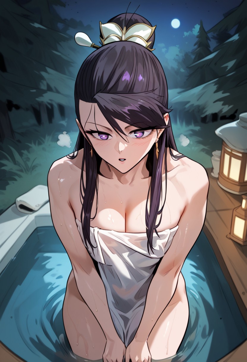 zPDXL3, score_9_up, score_8_up, score_7_up, (Anime_source), 1girl, TangSeoYeon, purple eyes, black hair, long hair, hair bun,, nude, towel, covering, parted lips, kneeling in hot tub, outside, night, trees, cowboy shot, steam, wet, looking at viewer, from above