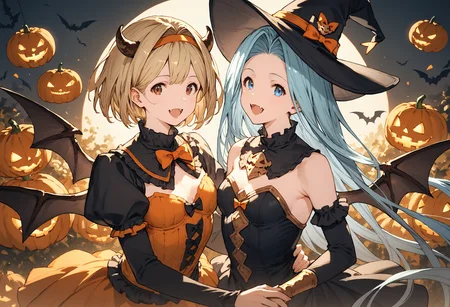 score_9, score_8_up, score_7_up,score_6_up, source_anime, best quality, aesthetic, absurdres, masterpiece,
2girls, yuri, side-by-side, happy smile, halloween, halloween costume, happy halloween, official alternate costume, (vampire costume:1.1), looking at viewer,
BREAK
lyria \(granblue fantasy\), (very long hair:0.8), blue hair, blue eyes, small breasts, skinny, body_slim,
BREAK
djeeta \(granblue fantasy\), (short hair, blonde hair:1.1), (medium breasts:0.5),brown eyes,
BREAK
<lora:JitaRuri-PonyV6:1> jitaruri, clear eyes,