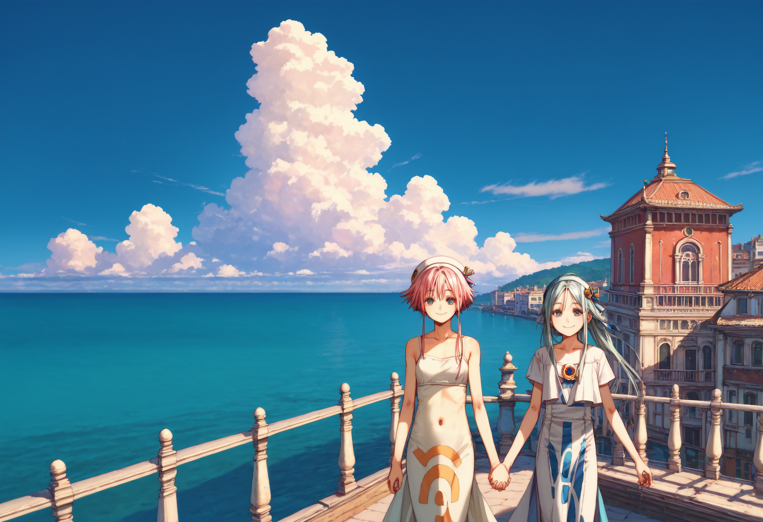 score_9, score_8_up, score_7_up, masterpiece, best quality, very aesthetic, absurdres, 
<lora:Amano_Kozue_å¤©éããã_Style_Pony-000010:1> (amano_kozue:1.2), aria \(manga\), 
2girls, yuri, holding hands, clear eyes, gentle smile, skinny, body_slim, looking at viewer, 
scenery, blue sky, cloud, ocean, venice,