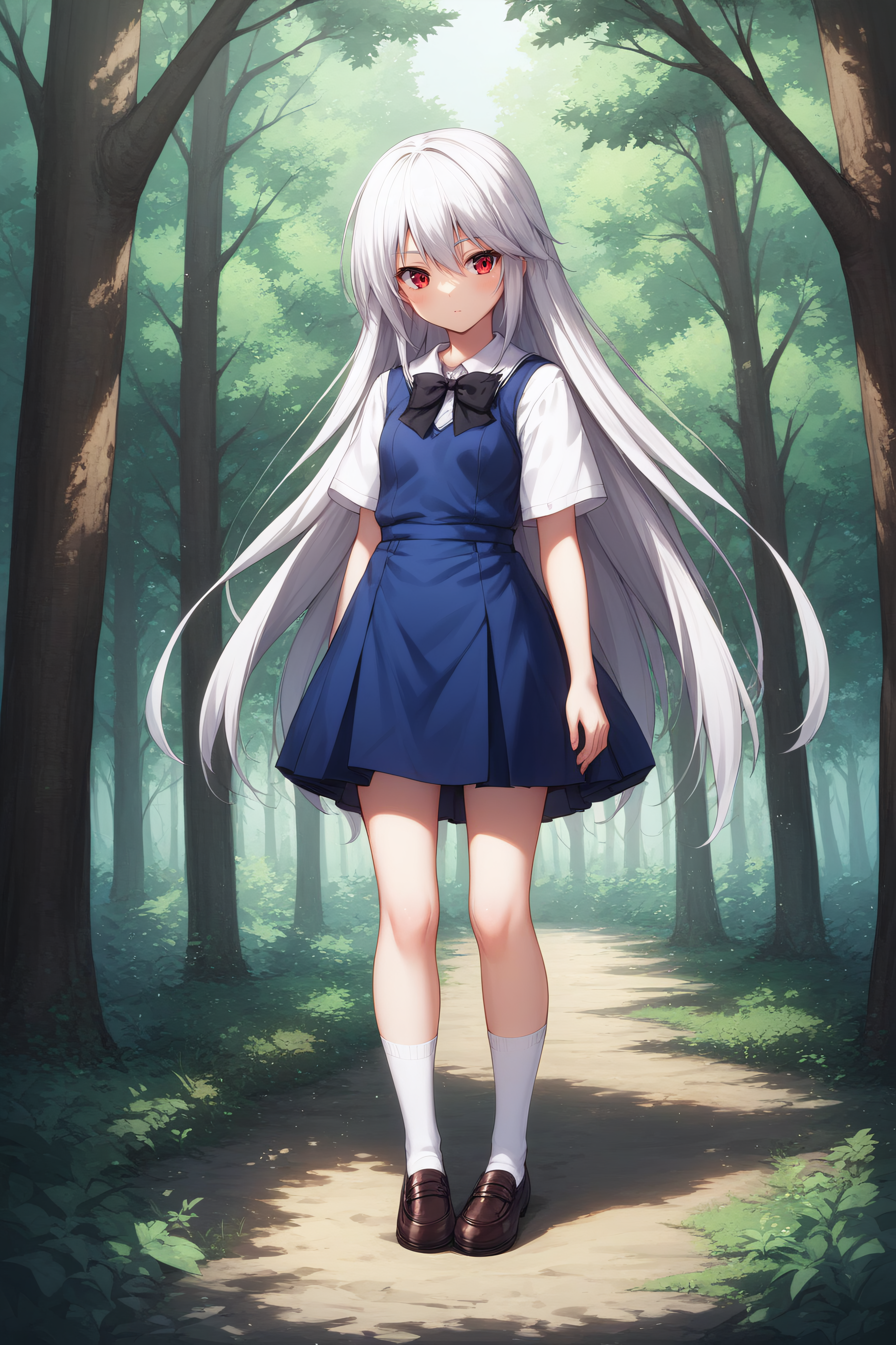 score_9, score_8_up, score_7_up, score_6_up, score_5_up, score_4_up, BREAK source_anime, <lora:kazuki kazami-sdxl-lora-Faxtron:0.7> kazuki kazami, red eyes, white hair, very long hair, school dress, black bow, socks, forest,