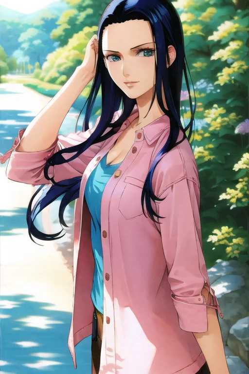 1girl, robin_v2_1600, sunglasses on head, "blue jacket", "pink pareo", (masterpiece), (best quality), extremely detailed, watercolor, bloom, illustration, depth of field, sketch, dark intense shadows, sharp focus, soft lighting, hdr, colorful, good composition, rom below, blue_eyes, straight nose