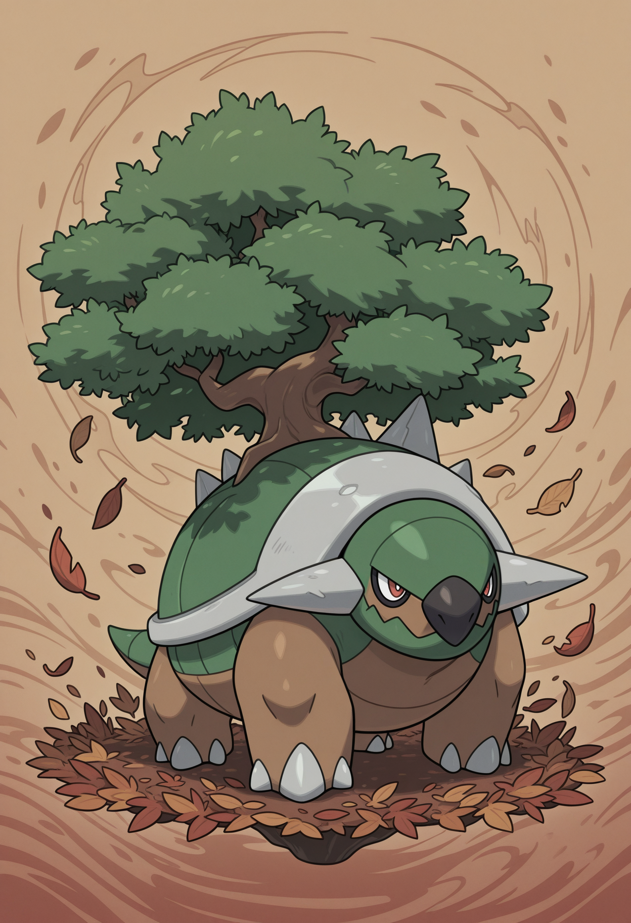 solo, torterra, pokemon \(species\), tree on shell, spikes, feral, red eyes, abstract background, leaf, wind, nature theme,
perfect anatomy, masterpiece, perfect quality, best quality, detailed, newest, very aesthetic 
 <lora:Torterra_Pokemon_V1_ILXL:0.8500000000000002> <lora:analon_IL:0.5000000000000001> <lora:or_22:0.20000000000000004>