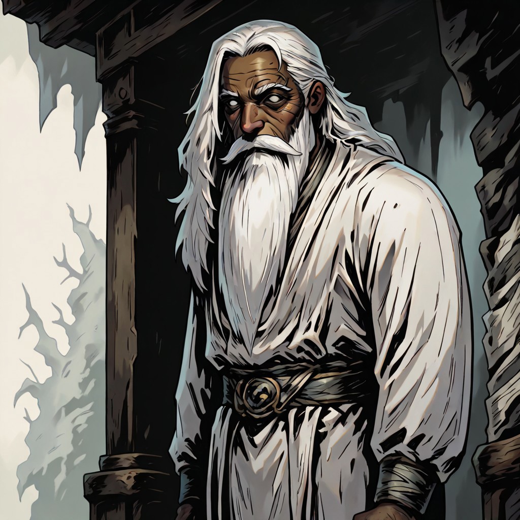 masterpiece, best quality, newest, absurdres, highres, FCMXV1.0, 1boy, dark skin, dark skinned male, white hair, long beard, long hair, monk, white robe, white eyes, blind eyes, wrinkles, wrinkled face, wrinkled, wrikly, old, mature, old man