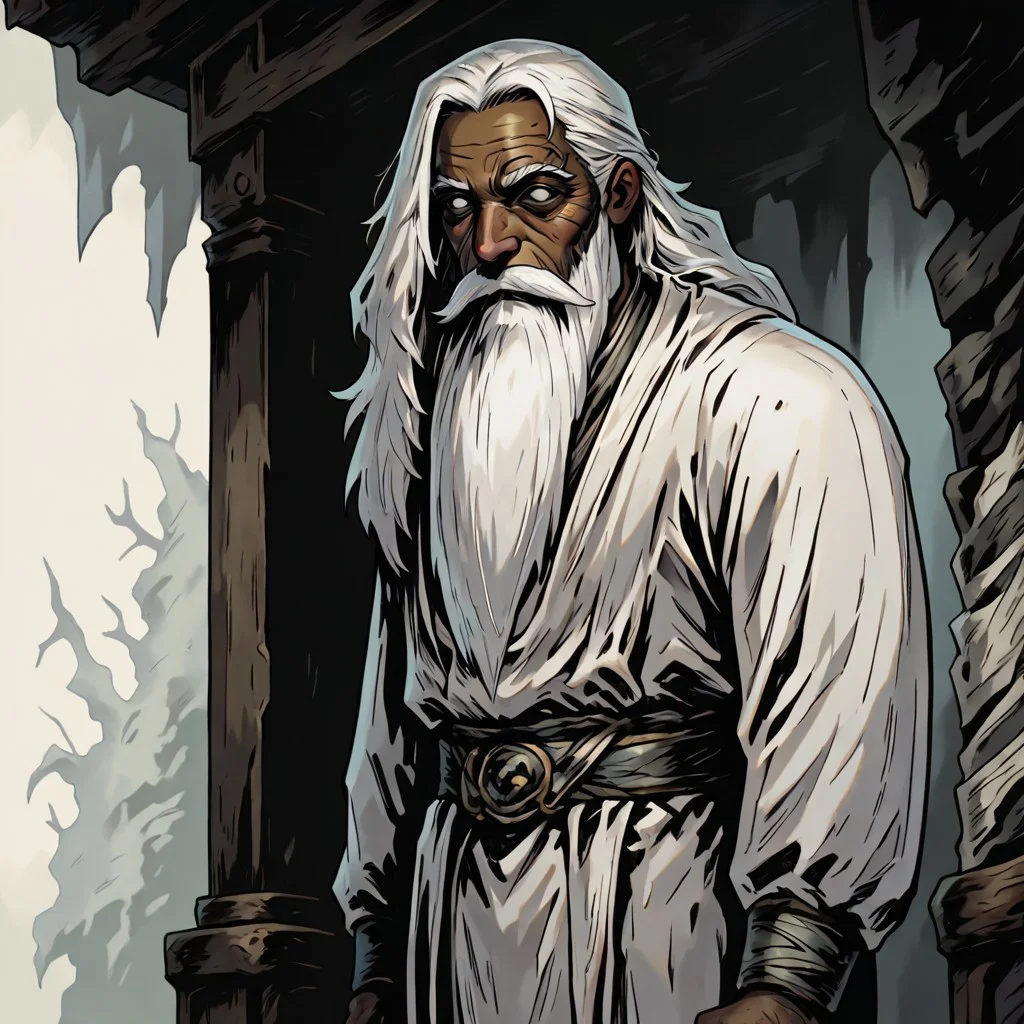masterpiece, best quality, newest, absurdres, highres, FCMXV1.0, 1boy, dark skin, dark skinned male, white hair, long beard, long hair, monk, white robe, white eyes, blind eyes, wrinkles, wrinkled face, wrinkled, wrikly, old, mature, old man