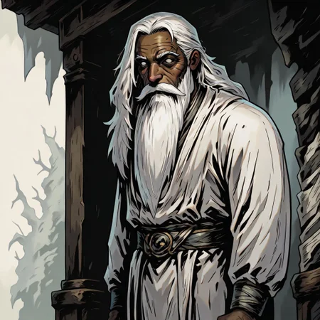 masterpiece, best quality, newest, absurdres, highres, FCMXV1.0, 1boy, dark skin, dark skinned male, white hair, long beard, long hair, monk, white robe, white eyes, blind eyes, wrinkles, wrinkled face, wrinkled, wrikly, old, mature, old man