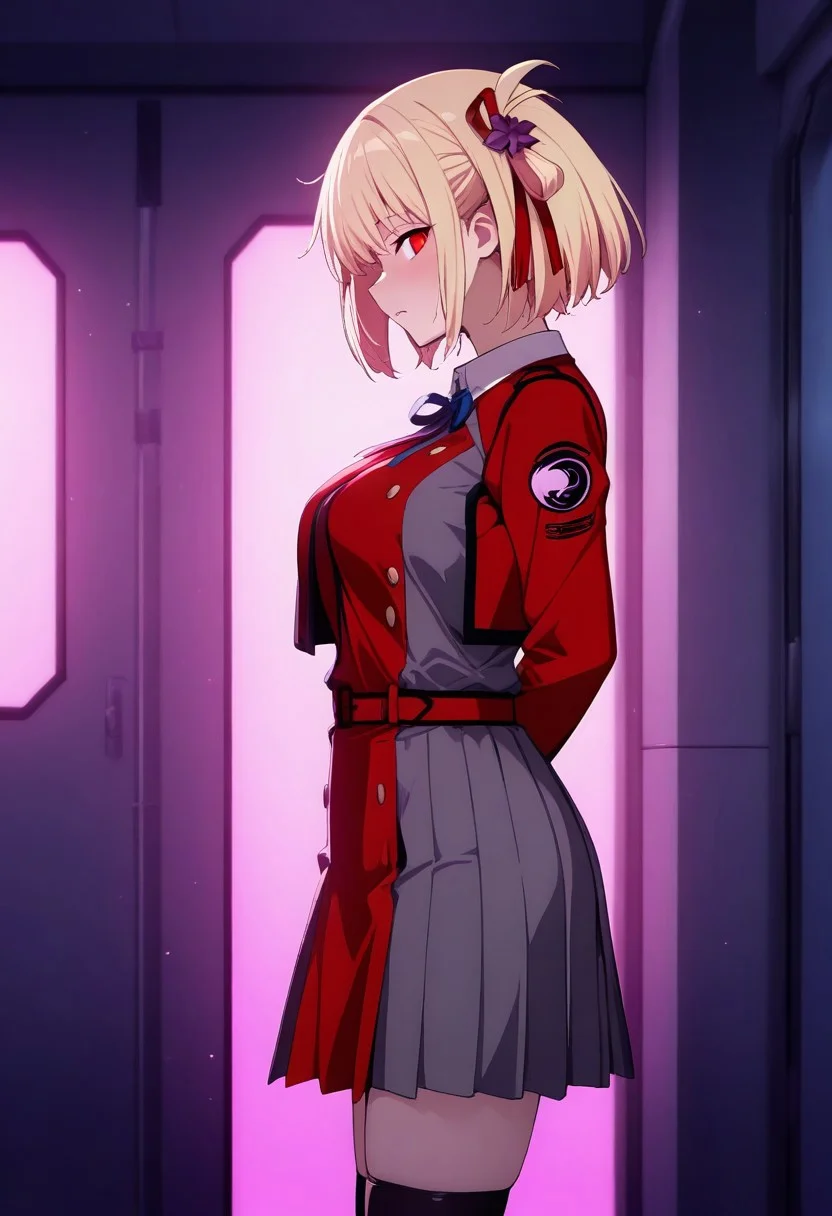 masterpiece, score_9, score_8_up, score_7_up, score_6_up, score_5_up, score_4_up, (hyper extreme detailed), (hyper quality), game CG, (colour:1.2),
1girl, solo, nsfw,
1girl, chnsh, medium breasts, blonde hair, red eyes, short hair,
one side up, hair ribbon, red ribbon, blue neck ribbon, two-tone dress, red dress, grey dress, pleated dress, long sleeves, white collared shirt, red belt, black kneehighs,
nsfw, corruption, waruochi,
standing,
sci-fi, very dark, detailed starship corridor, purple shimmering light, backlight,
long shot, cowboy shot, (side view:1.2), looking at viewer,