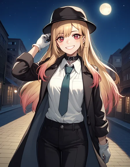 score_9, score_8_up, score_7_up, source_anime, marinkitagawa, <lora:marin-kitagawa-ponyxl-lora-nochekaiser:1>, marin kitagawa, long hair, bangs, blonde hair, red eyes, multicolored hair, medium breasts,, <lora:fedora-ponyxl-lora-nochekaiser:1>, fedora, hat, mob hat, black hat,, outdoors, night, moon, street, bolo tie, trench coat, hand on headwear, collar, gloves, necktie, pants, suit, looking at viewer, smile, blush, black coat, white vest,, solo, dutch angle, cowboy shot,