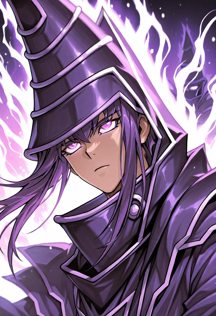 score_9,score_8_up,score_7_up,<lora:darkmagician_dataset_01_v11>,dkmgcn,1boy,solo,purple hair,purple eyes,neutral expression,magician robe,duel_monsters,cinematic,close up,portrait,three quarters angle,<lora:IL_Phonk_album_cover_v1.0:0.7>,phnk,glowing eyes,aura,silhouette,floating hair,blank eyes,