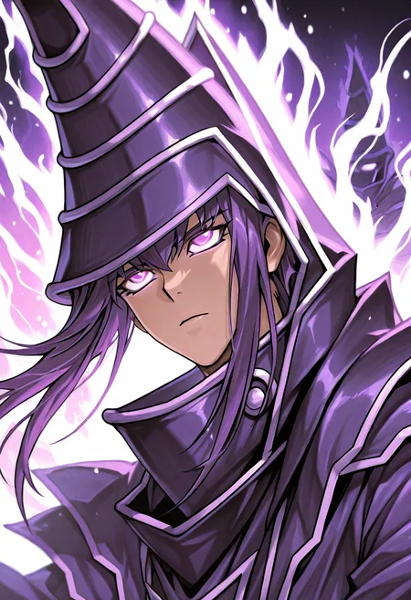 score_9,score_8_up,score_7_up,<lora:darkmagician_dataset_01_v11>,dkmgcn,1boy,solo,purple hair,purple eyes,neutral expression,magician robe,duel_monsters,cinematic,close up,portrait,three quarters angle,<lora:IL_Phonk_album_cover_v1.0:0.7>,phnk,glowing eyes,aura,silhouette,floating hair,blank eyes,