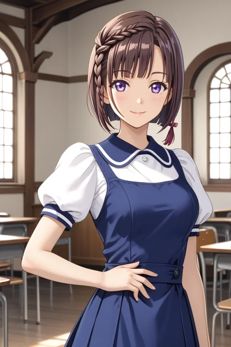 in monastery, (hand on waist, kimura manatsu, short hair, skirt, brown hair, shirt, single side braid hair, bob-cut, standing, school uniform, standing, purple eyes, white shirt, short sleeves, (blue pinafore dress), puffy sleeves, indoors, cowboy shot) 1girl, best quality, cowboy shot, seductive smile, Overall Detail, (slim, looking at viewer, young-adult), large breast, Fix hand <lora:Kimura_Manatsu_ATSK_Pony:1>