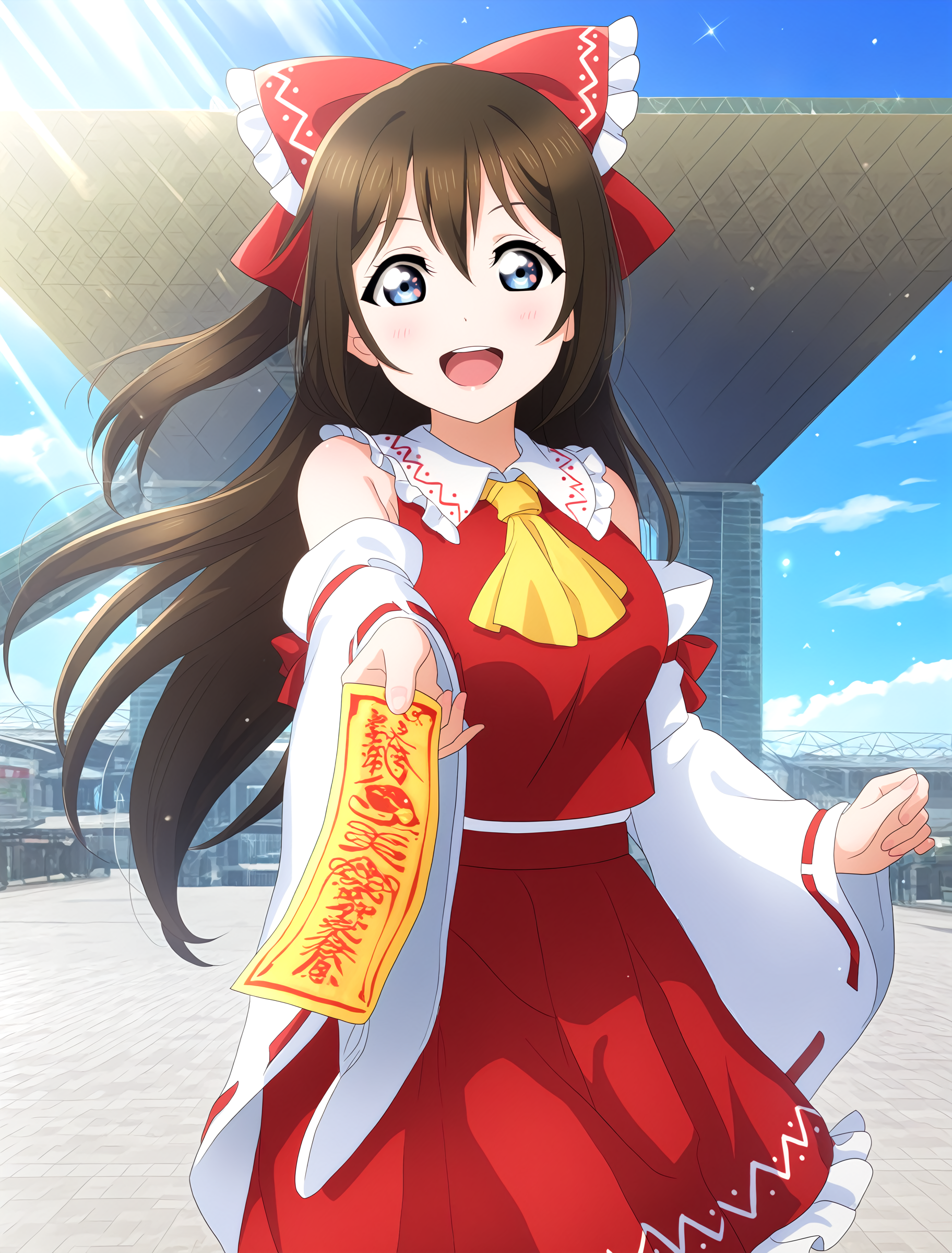 <lora:Koto-Umi-Riko-Shizu-Setsu-LLAS-NoobAIXLV10-V1:1> <lora:sdxl-boldline:-1.5>
<lora:Tokyo-Bigsight-IllustriousXLV01-V1:1>
(llas:1.4), (masterpiece, very aesthetic, absurdres, very awa:1.4), highres, best quality, newest, perfect anatomy, perfect lighting, anime coloring BREAK
sparkle, light particles, light rays, rim lighting, depth of field, blurry background BREAK
1girl, solo, looking at viewer, cowboy shot BREAK
(osaka shizuku), (hakurei reimu cosplay), miko, red skirt, yellow ascot, holding ofuda BREAK
big pupils, (detailed eyes:1.2), large breasts, :d, upper teeth only BREAK
bigsight, kokusaitenjijou, road, pavement, day, blue sky, cloud, sunlightâââ