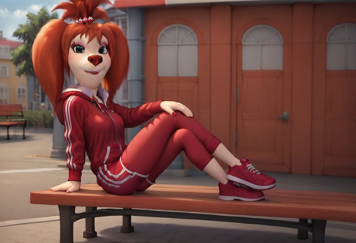 score_9, score_8_up, score_7_up, score_6_up
1girl, solo, skinny, Liza_Barboskina, dog anthro, female, small boobs, Red sport top, Red sport shorts, Light fur
full body view, looking at viewer, seductive look, (street background:1,4), sexy pose, neck, sitting on bench, 3/4 side view, crossed legs