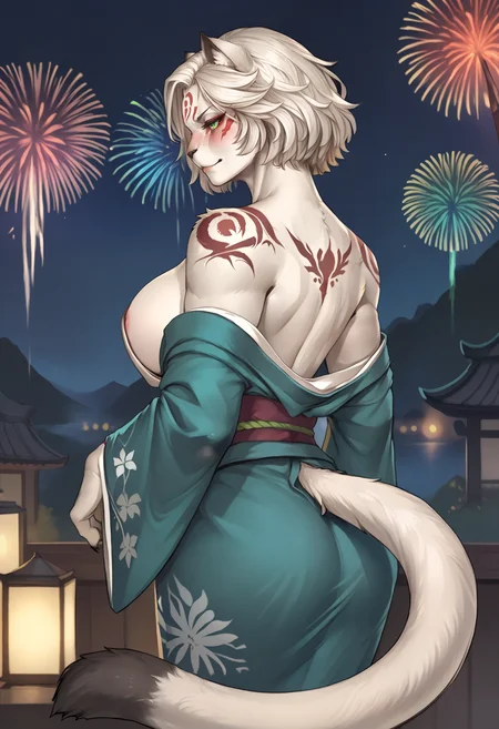score_9, score_8_up, score_7_up BREAK solo, 1girl, kjk_jynx, furry female, animal ears, short hair, white hair, facial mark, green eyes, slit pupils, white fur, body markings, tail, large breasts, <lora:clamXIVOC_kjk_jynx:1> looking back, from behind, off-shoulder kimono, smirk, blush, bare shoulders, rimlight, night, japanese clothes, fireworks, depth of field, arms at sides