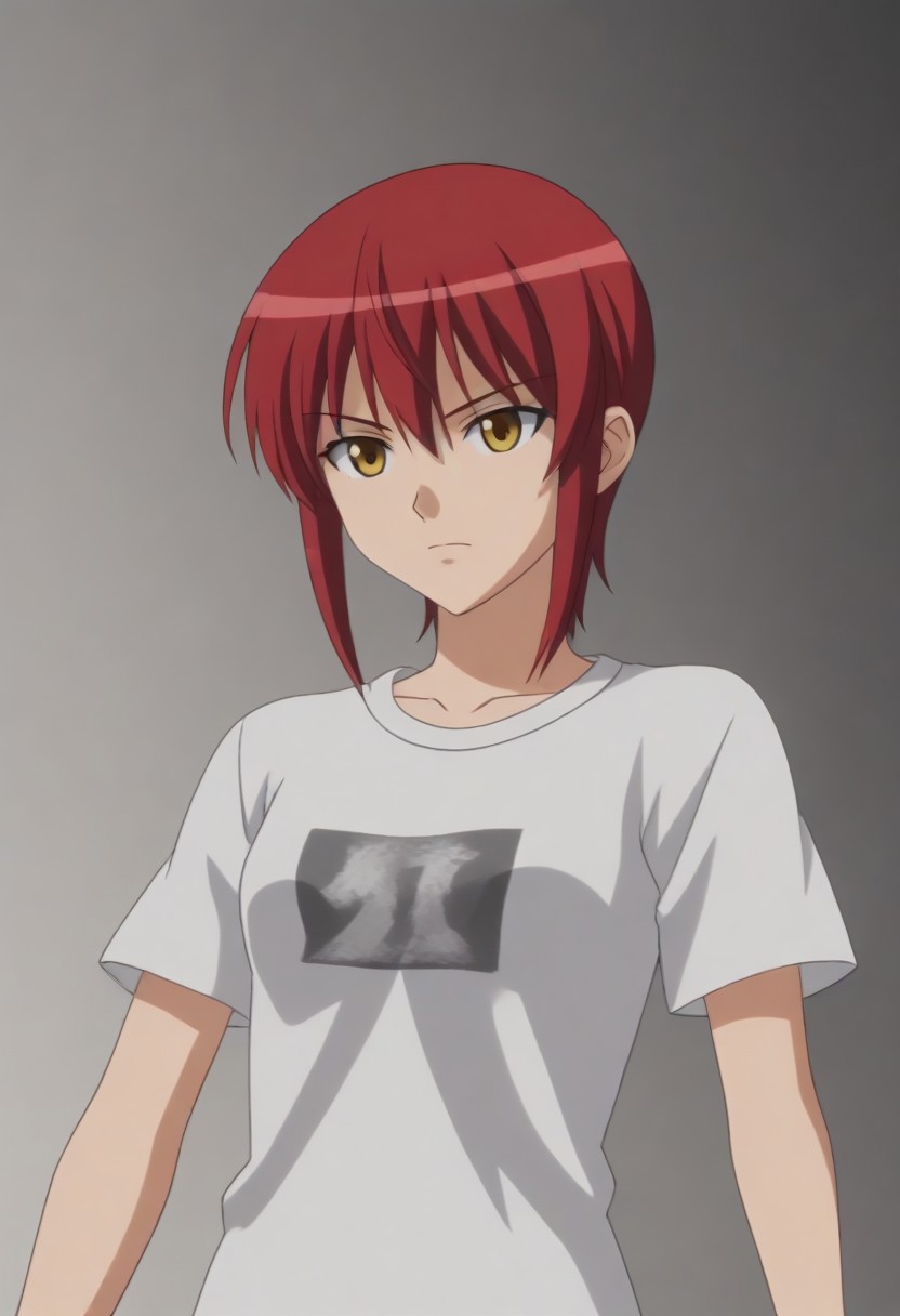 source_anime, anime screencap, source_anime, auratheguillotine, anime screencap, masterpiece, source_anime, shiny skin,,,,,,black t-shirt,1girl, solo, rza, red hair, yellow eyes,