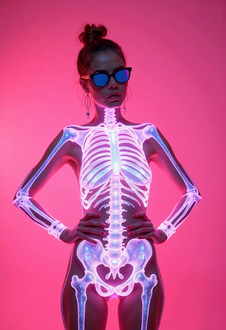 woman in sunglasses, with transparent skin in full growth, neon glowing skeleton visible through transparent skin made of glossy materials, pink background, hands on waist