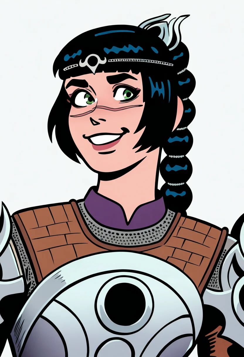 best quality, amazing quality, very aesthetic, absurdres,
BREAK
1girl, solo, shadowheart, black hair, braided ponytail, green eyes, scar on face, circlet, armor,
smile, looking at viewer, upper body, simple background, white background, <lora:ShadowHeartIllustrious_byKonan:1>, <lora:DanDecarloNoob_byKonan:1>